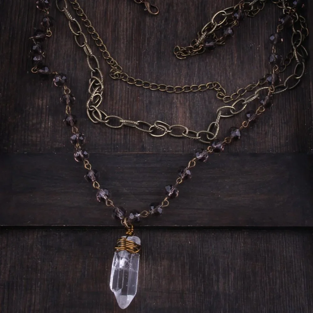 Triple Layer Clear Quartz Wire Wrap Pendant Necklace - Picture 3 of 3